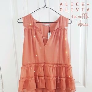 NWT Alice + Olivia Tie Ruffle Blouse in Salmon